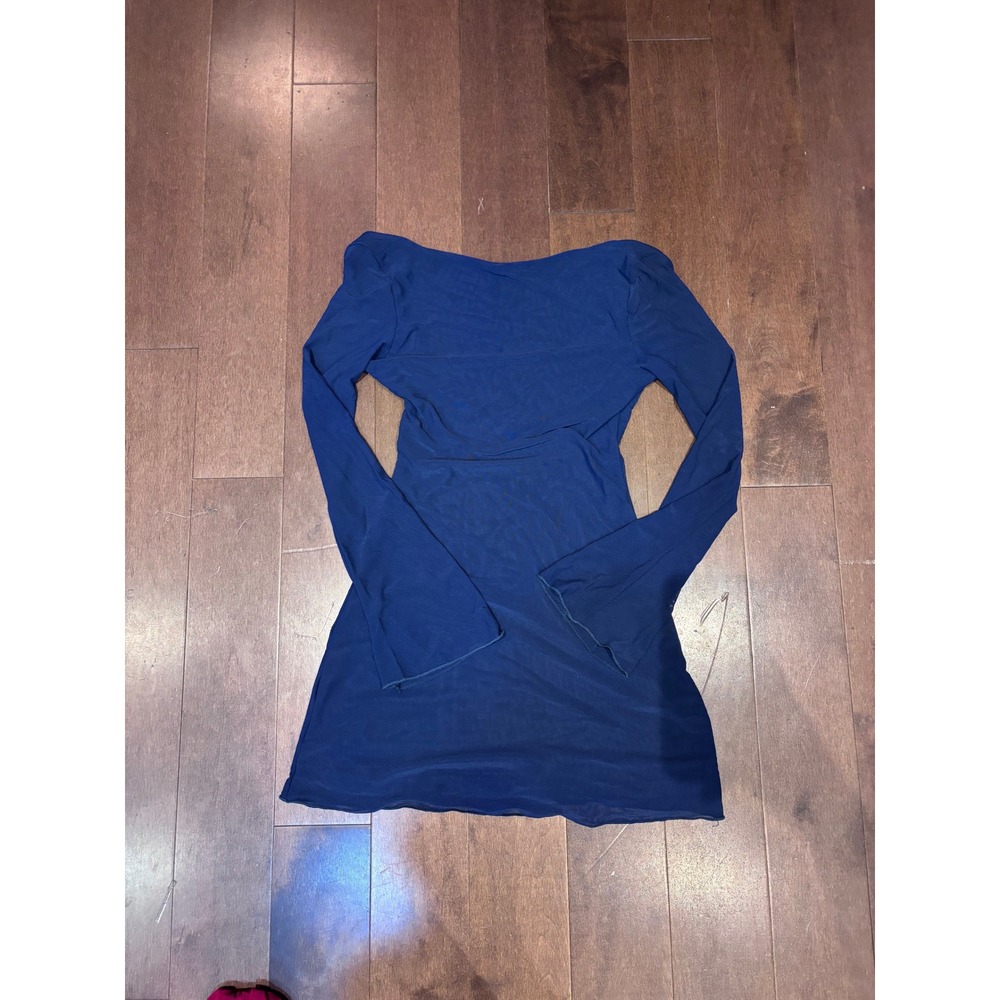 Navy Blue Mesh Long Sleeve Open Back Mini Dress Sheer Bell Sleeve Bodycon
